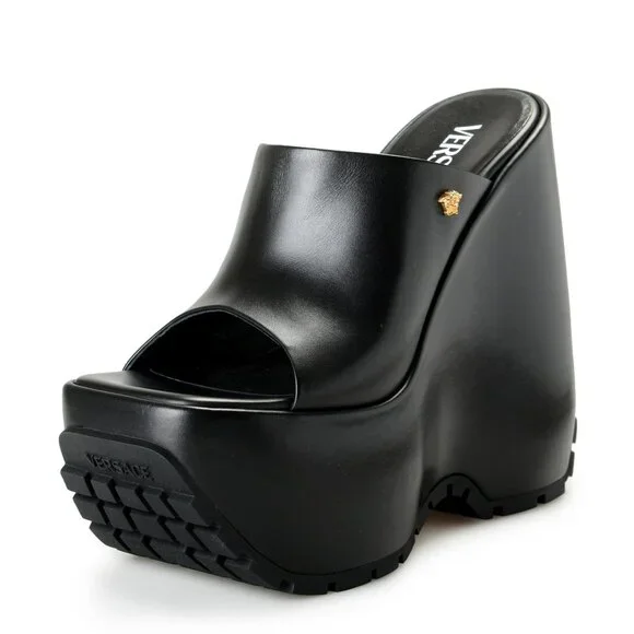 Authentic Versace Leather Platform Wedge Mules - Picture 3 of 17